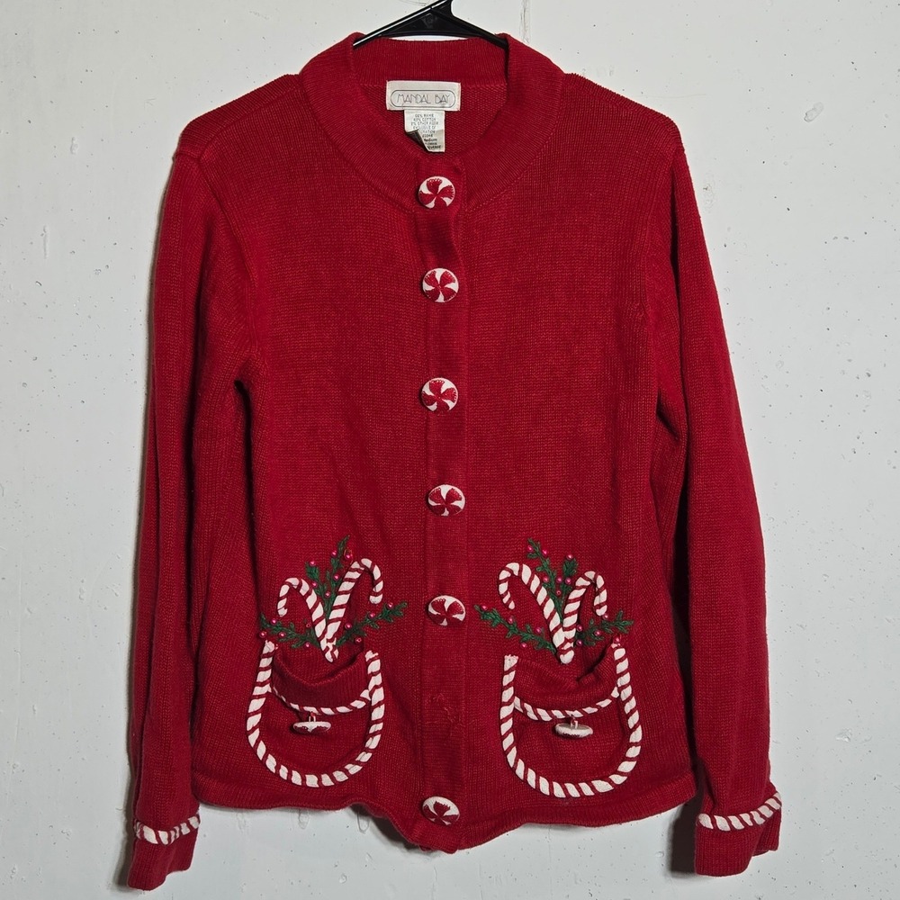 Mandal Bay Christmas Cardigan Sweater Medium Candy Cane Peppermint Holiday Ugly